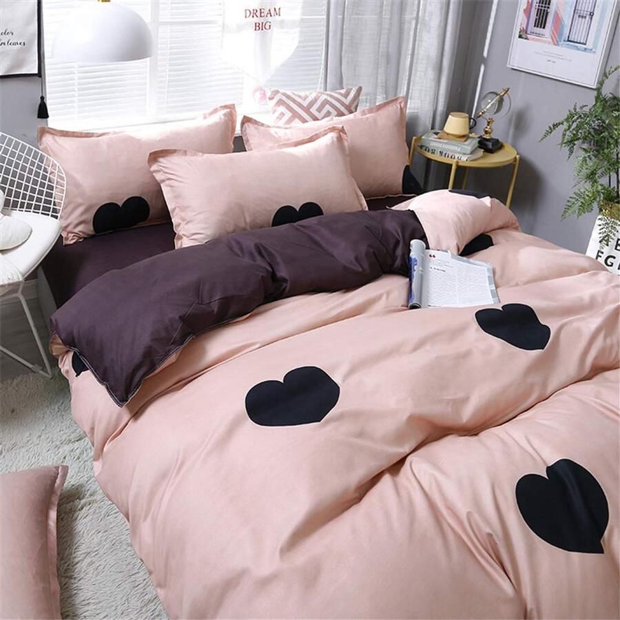 Senza Marchio Fansu Dekbedovertrek Bed Set 4 Stuk Moderne romantische Hart 100% Microfiber Beddengoed met Dubbele King Single Size Flat Sheet Dekbedovertrek Kussenslopen (200x230cm-2.0M Roze)