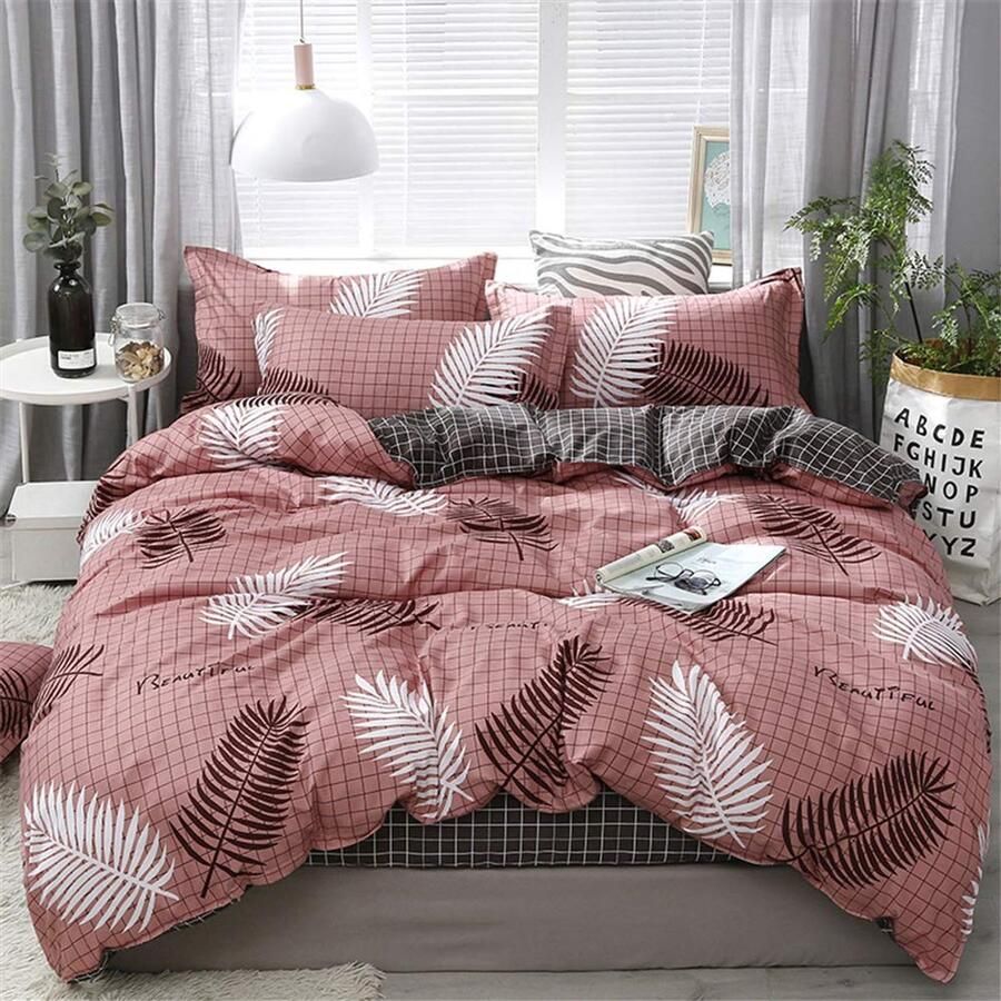 Senza Marchio Fansu Dekbedovertrek Bed Set 4 Stuk Moderne romantische Hart 100% Microfiber Beddengoed met Dubbele King Single Size Flat Sheet Dekbedovertrek Kussenslopen (200x230cm-2.0M Roze bladeren)