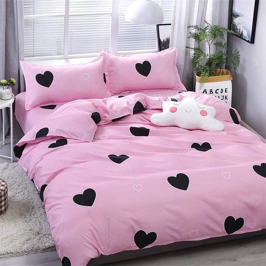 Senza Marchio Fansu Dekbedovertrek Bed Set 4 Stuk Moderne romantische Hart 100% Microfiber Beddengoed met Dubbele King Single Size Flat Sheet Dekbedovertrek Kussenslopen (180x220cm-1.8M Licht roze)