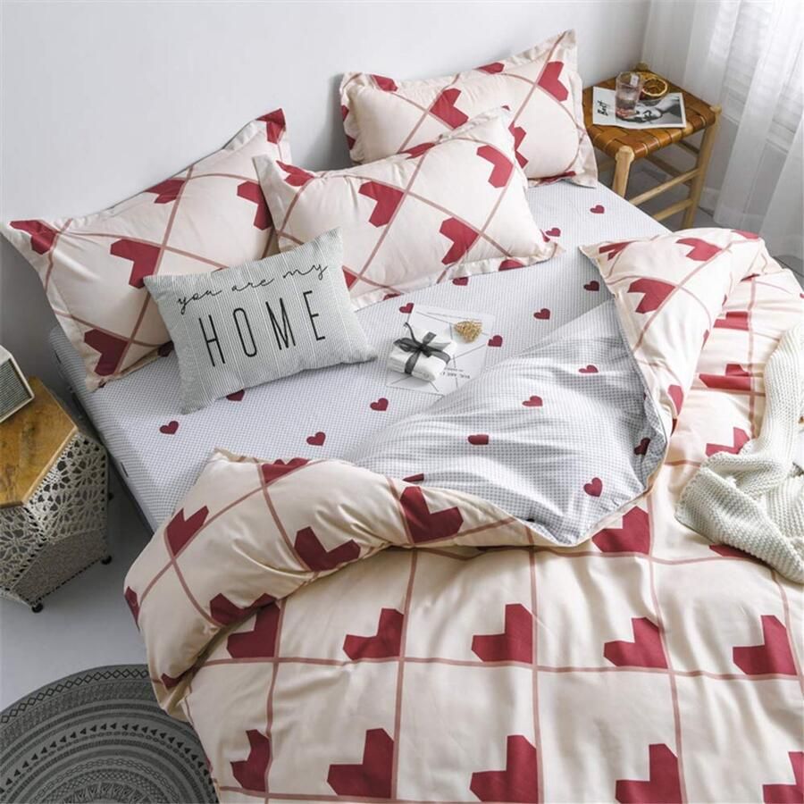 Senza Marchio Fansu Dekbedovertrek Set Beddengoed Sets voor Dubbele King Eenpersoonsbed 4 Stuk Dekbed Set 2 x Kussenslopen 1 x Dekbedovertrek 1 x Flat Sheet (King-220x230cm Rood hart crème)