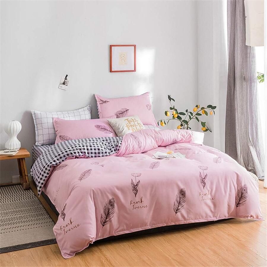Senza Marchio Fansu Dekbedovertrek Set Beddengoed Sets voor Dubbele King Eenpersoonsbed 4 Stuk Dekbedovertrek Set 2 x Kussenslopen 1 x Dekbedovertrek 1 x Flat Sheet (Double-200x200cm Roze veer)