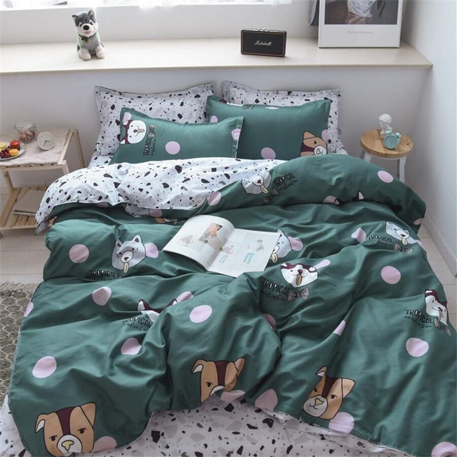 Senza Marchio Fansu Dekbedovertrek Set Beddengoed Sets voor Dubbele King Eenpersoonsbed 4 Stuk Dekbed Set 2 x Kussenslopen 1 x Dekbedovertrek 1 x Flat Sheet (King-220x230cm Donkergroene hond)
