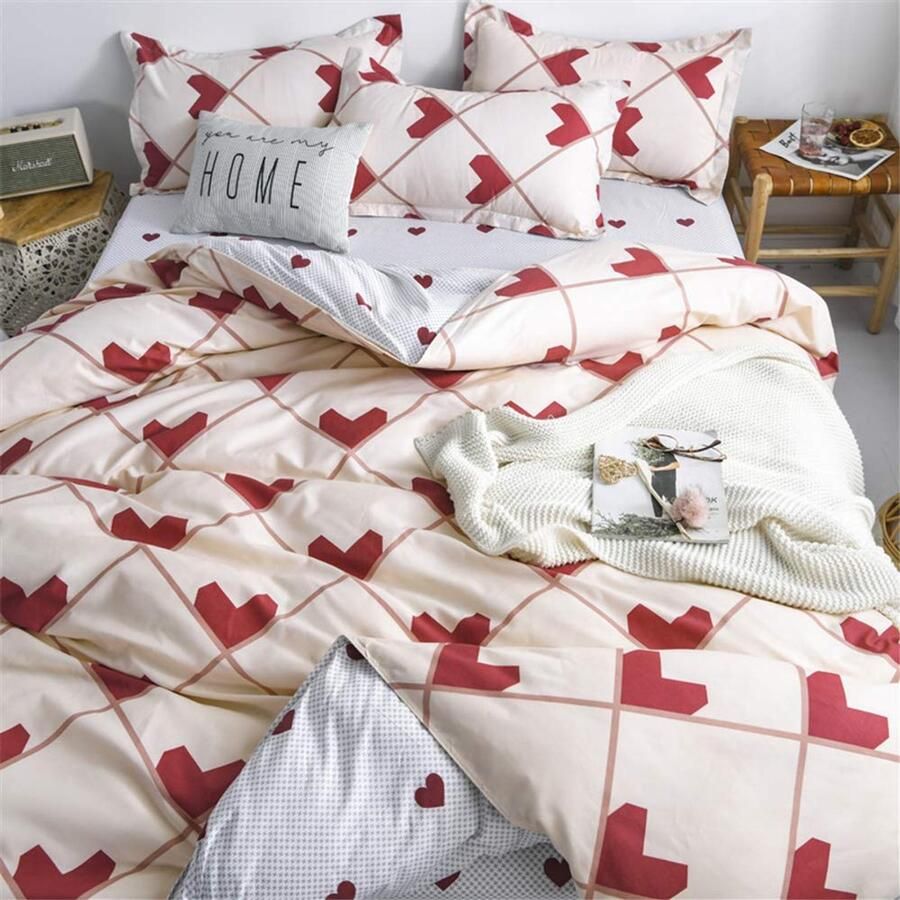 Senza Marchio Fansu Dekbedovertrek Set Beddengoed Sets voor Dubbele King Eenpersoonsbed 4 Stuk Dekbed Set 2 x Kussenslopen 1 x Dekbedovertrek 1 x Flat Sheet (Single-135x200cm Rood hart crème)