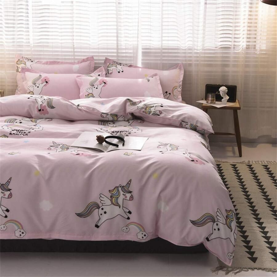 Senza Marchio Fansu Dekbedovertrek Set Beddengoed Sets voor Dubbele King Eenpersoonsbed 4 Stuk Dekbed Set 2 x Kussenslopen 1 x Dekbedovertrek 1 x Flat Sheet (Single-135x200cm Roze eenhoorn)
