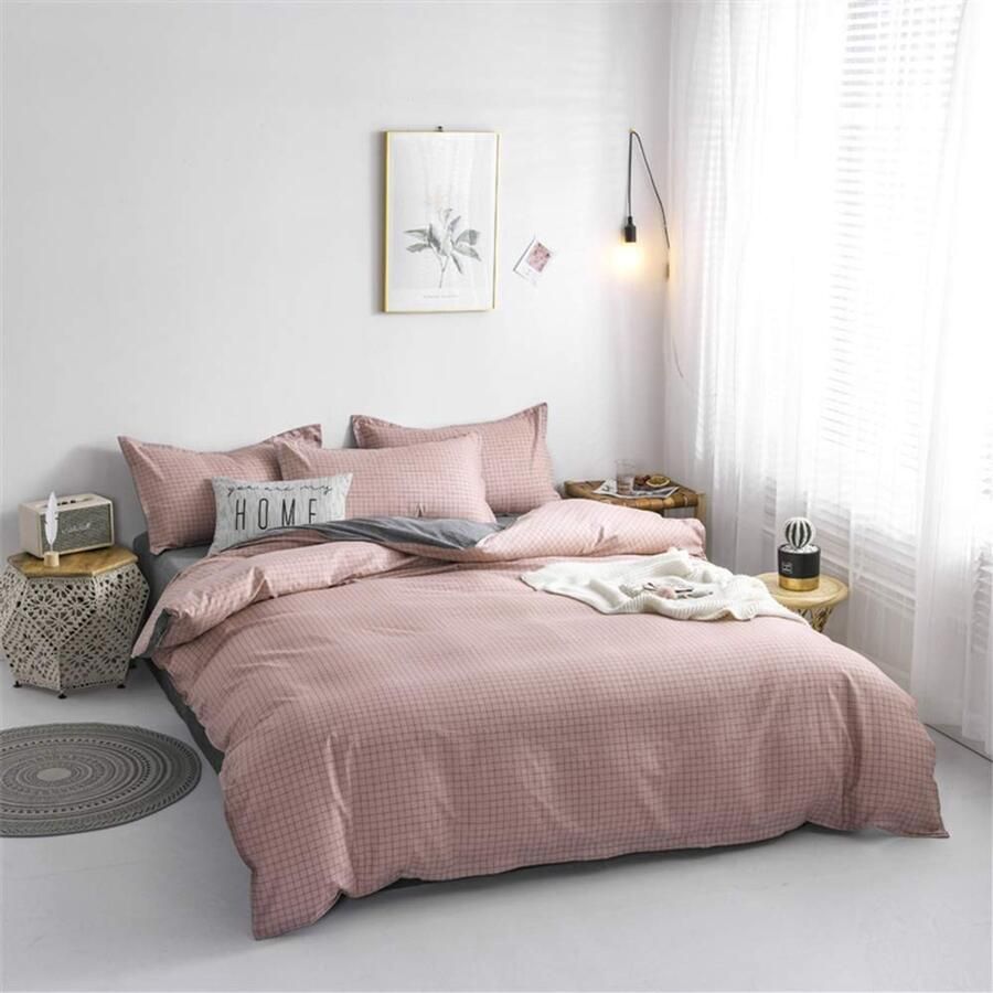 Senza Marchio Fansu Dekbedovertrek Set Beddengoed Sets voor Dubbele King Eenpersoonsbed 4 Stuk Dekbed Set 2 x Kussenslopen 1 x Dekbedovertrek 1 x Flat Sheet (Single-135x200cm Roze grijs plaid)