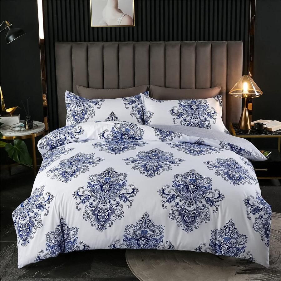 Senza Marchio Fansu Exotische dekbedovertrekset 4-delig omkeerbare beddengoedsets voor eenpersoonsbed kingsize bed microvezel 2 x kussenslopen 1 x dekbedovertrek 1 x plat laken (blauw barok 200 x 200 cm)