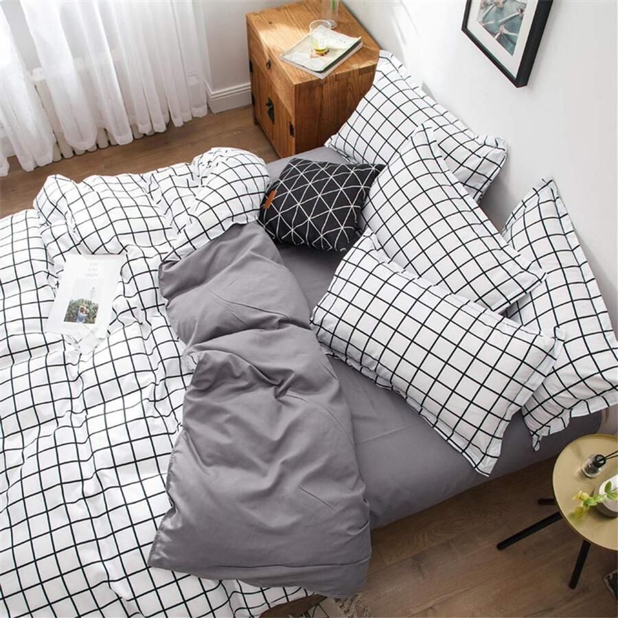 Senza Marchio Fansu Plaid Dekbedovertrek Set Beddengoed Sets voor Dubbele King Eenpersoonsbed 4 Stuk Dekbedovertrek Set 2 x Kussenslopen 1 x Dekbedovertrek 1 x Flat Sheet (King-220x230cm wit)