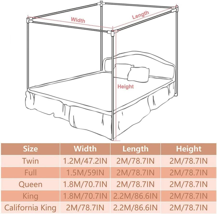 Senza Marchio FCOVEDRY 4 Hoeken Post Luifel Bed Gordijnen Klamboe Bed Frame Gordijn Beugels voor Volwassenen en Kinderen Dubbellaags Bed Netting Luifel Frame met Gordijn Roze Twin