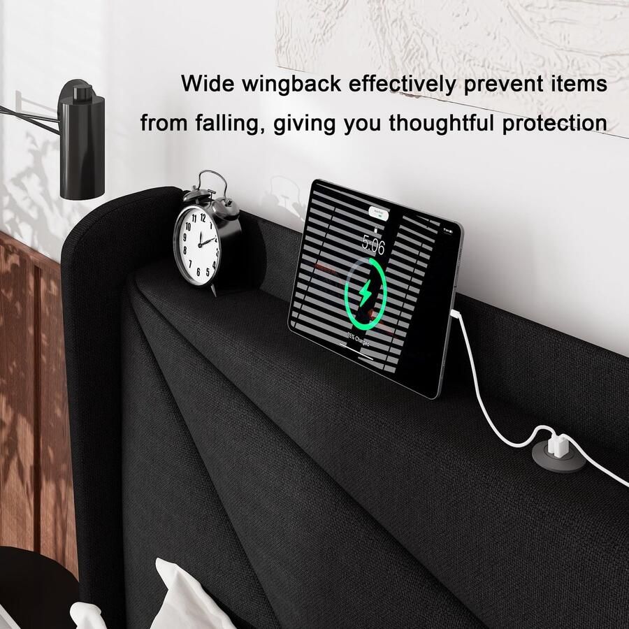 Senza Marchio Feonase Full Size bedframe met laadstation gestoffeerd platformbedframe met vleugelback-opberghoofdeinde massief houten latten ondersteuning geen boxspring nodig zwart