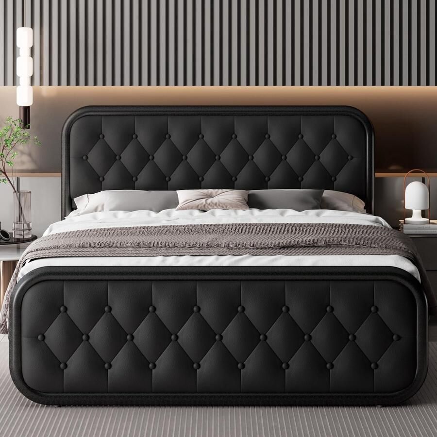 Senza Marchio Feonase Full Size bedframe robuust bedframe met kunstlederen hoofdeinde gestoffeerd platformbed met sterke metalen latten 30 5 cm onderbedopslag geluidsvrij eenvoudige montage zwart