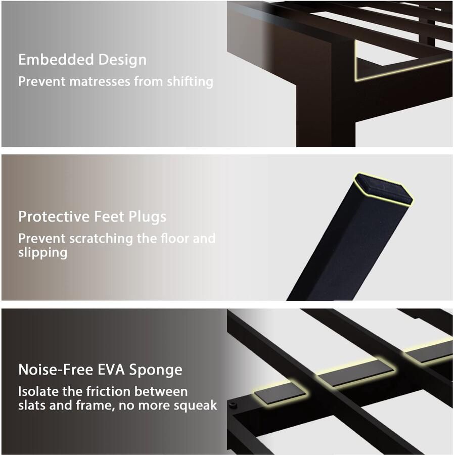 Senza Marchio Feonase Metalen platformbedframe op ware grootte met 12 '' opslag hoofdeinde van kunstleer met getuft matrasbasis stalen lattenondersteuning geluidsvrij geen boxspring nodig zwart