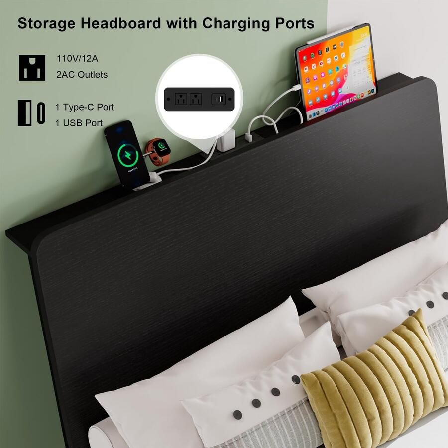 Senza Marchio Feonase Tweepersoonsbedframe met ergonomisch opberghoofdeinde en oplaadstation led-platformbedframe robuuste metalen latten geen boxspring nodig eenvoudige montage zwart