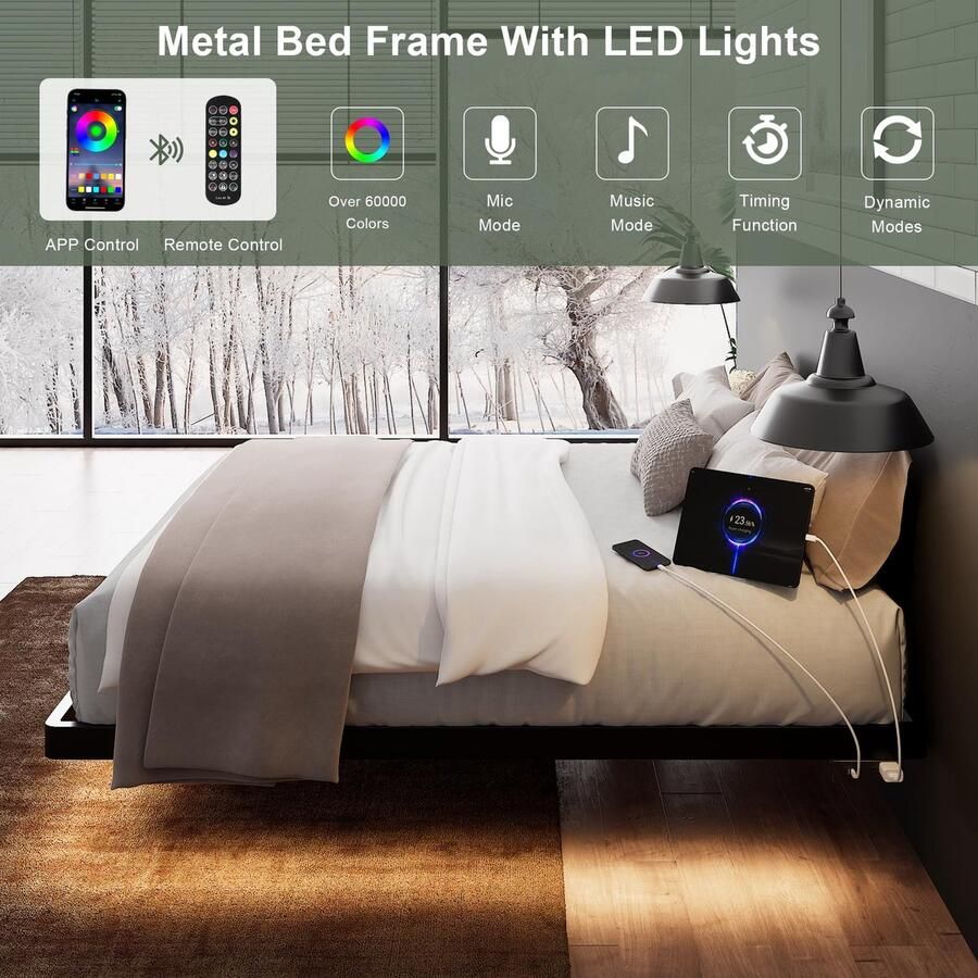 Senza Marchio Feonase Twin Size drijvend bedframe met led-verlichting en laadstation metalen bedframe met zware stalen latten steunen geen boxspring nodig eenvoudige montage