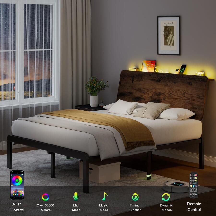 Senza Marchio Feonase Volledig formaat bedframe met ergonomisch opberghoofdeinde en oplaadstation led-platformbedframe robuuste metalen latten geen boxspring nodig eenvoudige montage rustiek