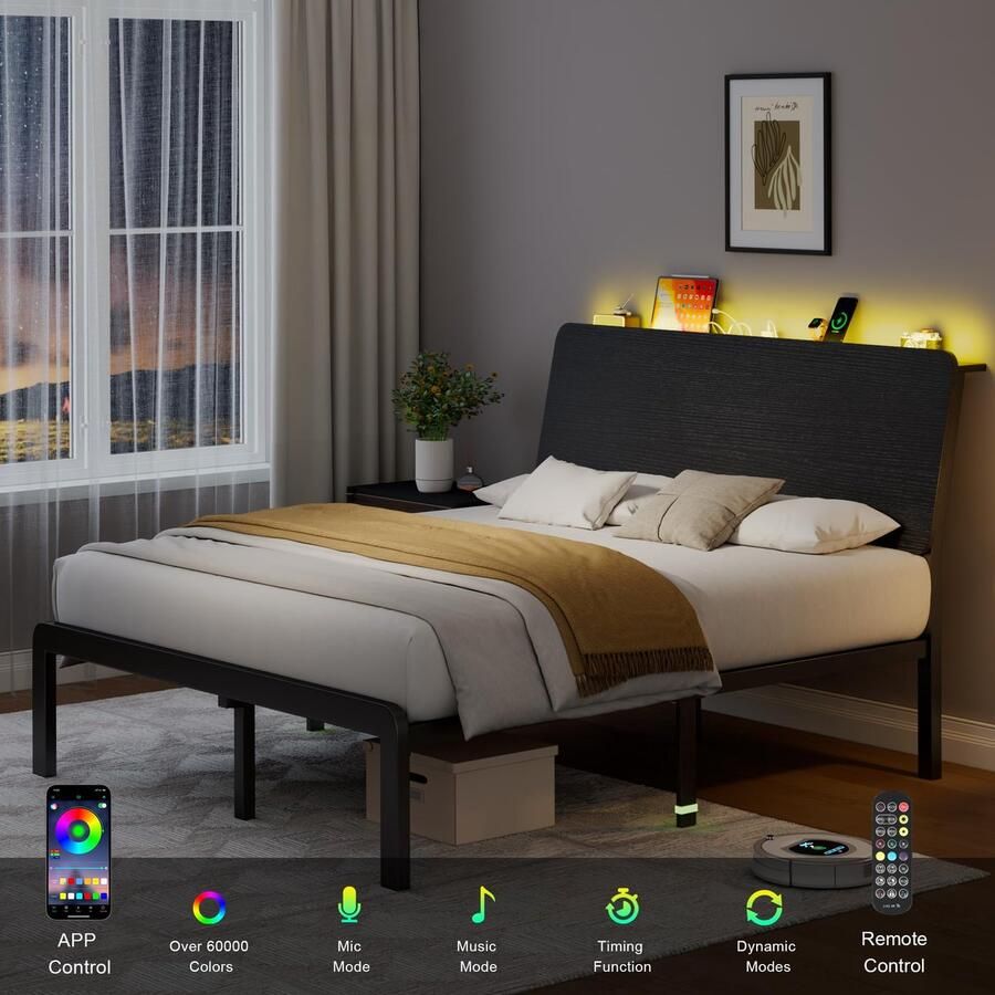 Senza Marchio Feonase Volledig formaat bedframe met ergonomisch opberghoofdeinde en oplaadstation led-platformbedframe robuuste metalen latten geen boxspring nodig eenvoudige montage zwart