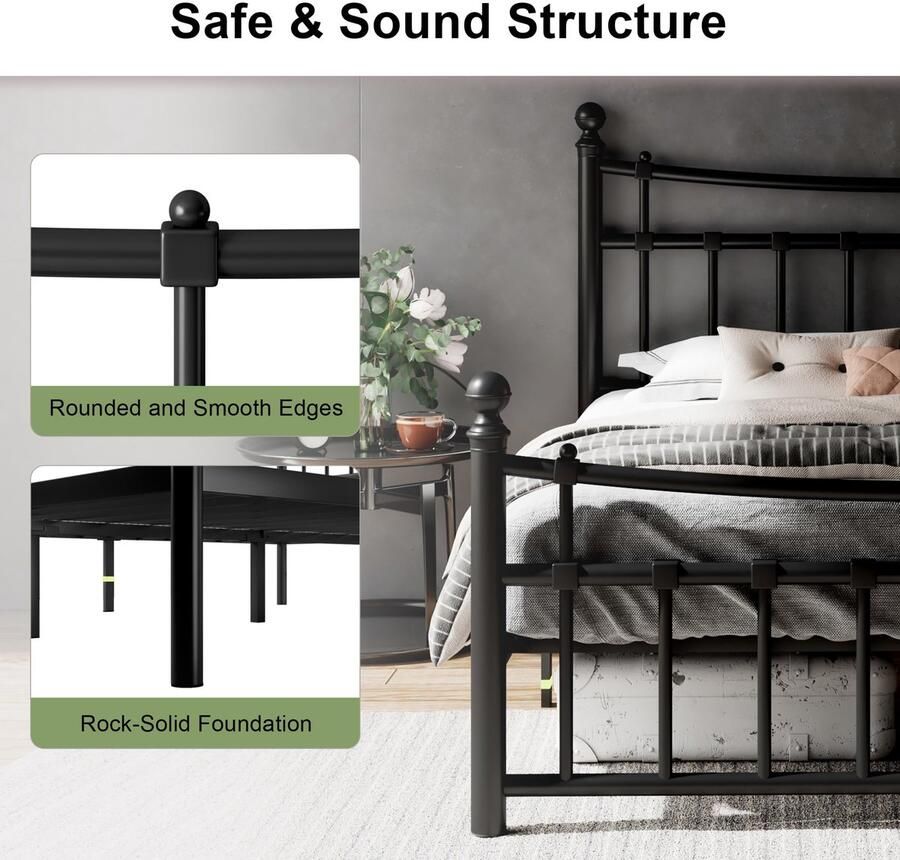 Senza Marchio Feonase Volledig formaat bedframe met modern ijzeren hoofdeinde en voetenplank metalen bedframe met robuuste stalen latten 30 cm opbergruimte geen boxspring nodig zwart