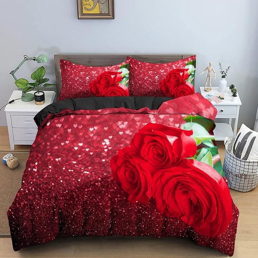 Senza Marchio Flower Print Duvet Cover Set 3d Roses Pattern Bedding Set Comforter Cover With Pillowcase King Queen Bed Set 145×200CM
