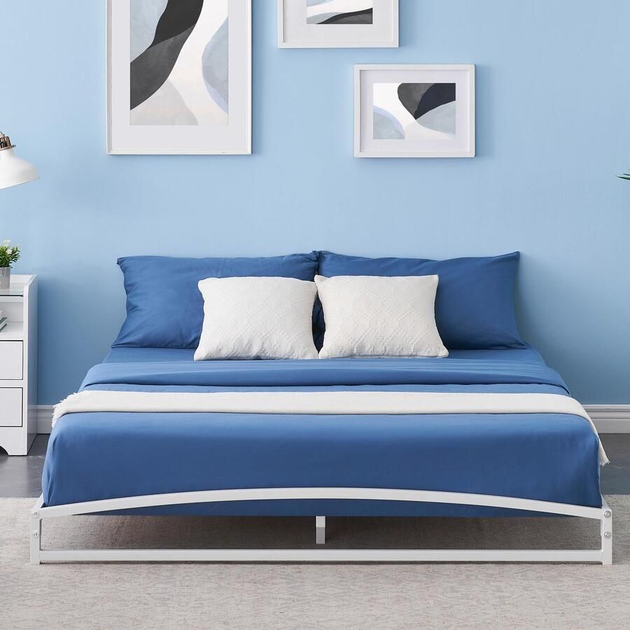 Senza Marchio GAOMON Volledig bedframe 6 inch laag profiel platform bedframe zwaar metalen full size bed matrasfundering met stalen latsteun 6 inch hoogte eenvoudige montage geen boxspring nodig wit