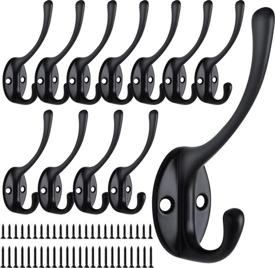 Senza Marchio Garderobehaken 12 stuks zwart kledinghaken aan de muur hoge sterkte haken garderobe met 2 sets schroeven voor slaapkamer badkamer kledingkast woonkamer