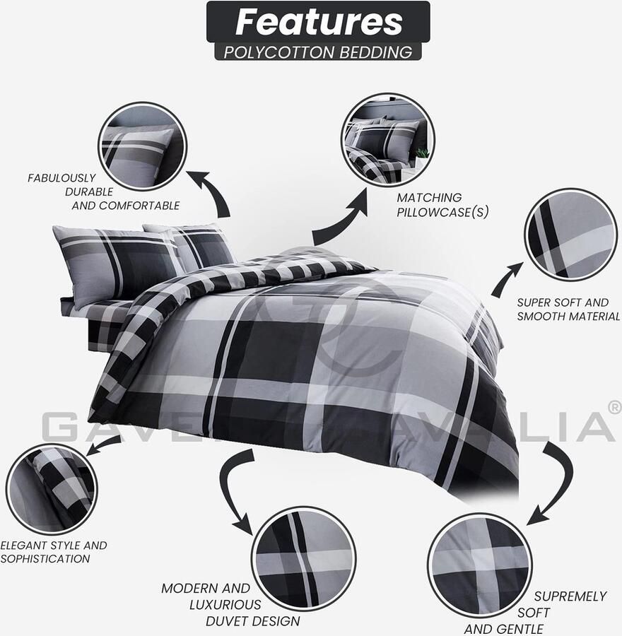 Senza Marchio Gaveno Cavailia Luxe WAVERLY CHECK Bed Set met Dekbedovertrek en kussensloop Polyester-katoen grijs dubbel