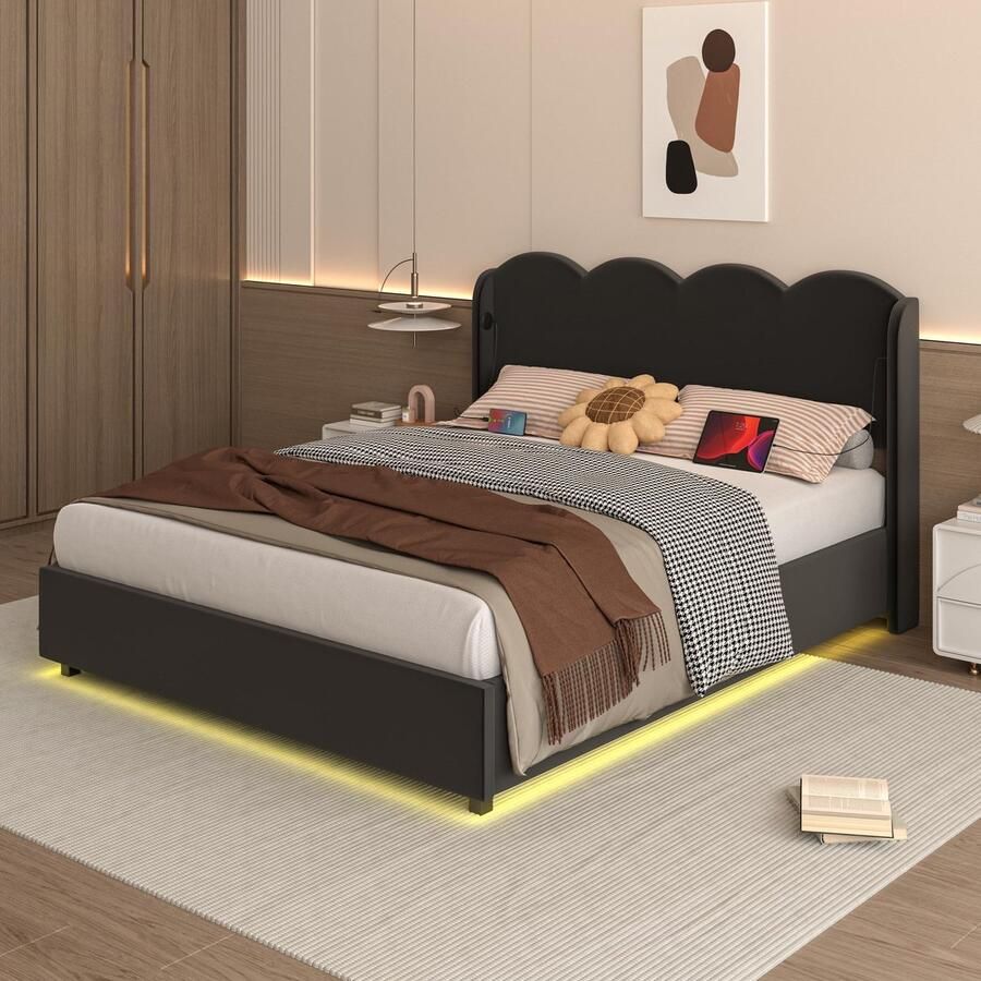 Senza Marchio Gewatteerd bedframe golvend plat pastasframe geschikt voor tweepersoonsbed met LED-licht USB + C-interface opladen en grote opbergruimte fluwelen stof (zwart 140 cm × 200 cm)