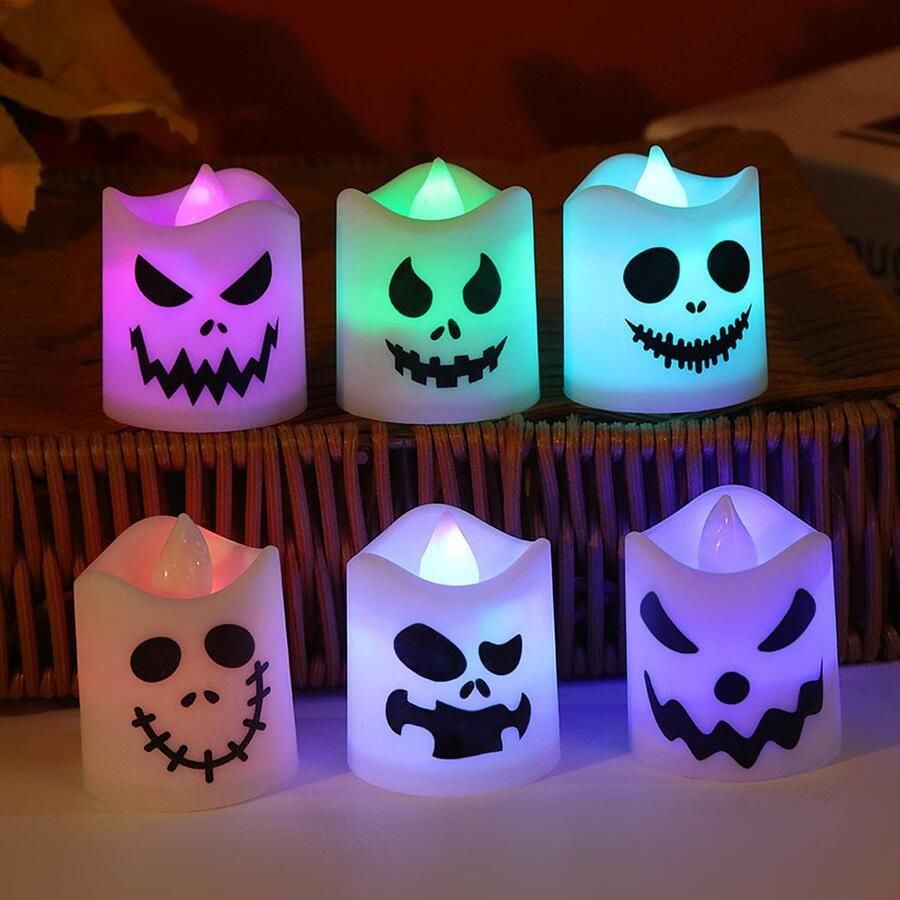 Senza Marchio Ghost flikkerende vlamloze kaarsen Led batterij aangedreven Halloween Ghost Tea Lights Set van 6 griezelige flikkerende spook kaarsen Halloween decoratie voor Halloween tafel huis en slaapkamer