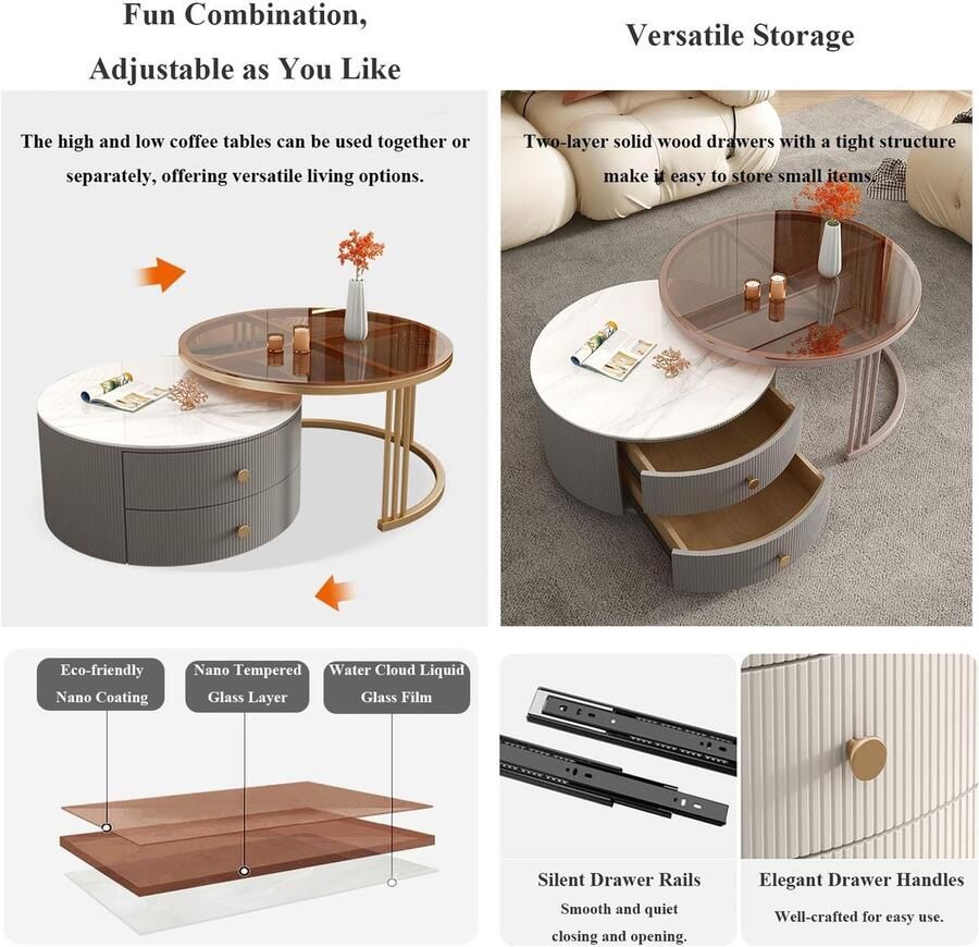 Senza Marchio Glass+Stone Round Coffee Table Set Of 2 End Table For Living Room Unique Circle Stacking Tempered Glass Side Table Nesting Drum Center Table Glass Nesting Tables Circular Coffee Table(Color:C)