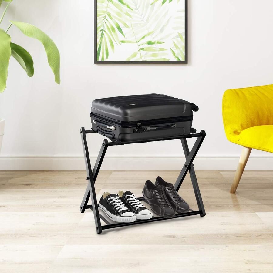 Senza Marchio GOPLUS Set van 2 kofferstandaarden inklapbaar bagagerek van metaal tot 60 kg belastbaar kofferbak met onderliggend schoenenrek kofferkruk voor reistassen en bagage 64 x 43 x 58 cm zwart