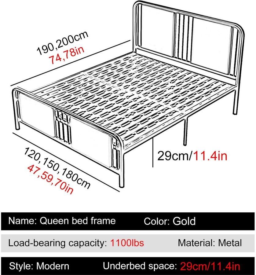 Senza Marchio Gouden Queensize Bedframe Metalen Bedframe Queensize Met Opbergruimte Queensize Bedframes Geluidsvrij Stevigheid(Color:Gold 1 Size:47x74in)