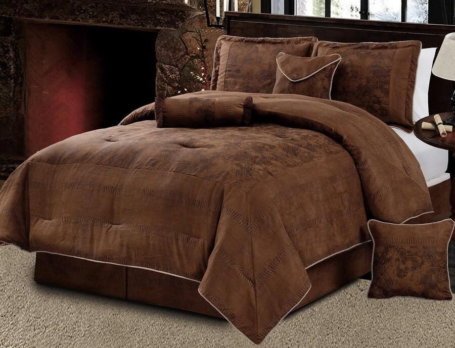 Senza Marchio Grand Linen 7 Stuk Donker Kameel Bruin Lavish Oversize (104 X 92) Trooster Set Micro Suede Bed In Een Tas King Size Beddengoed