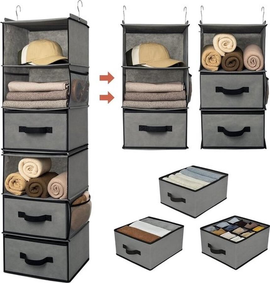 Senza Marchio GRANNY SAYS Hangende Organizer met 6 Vakken Kledingkast Organizer Hangende Hangkast Organizer met Zijvakken Kast Organizer Opbergen en Organiseren Kleding Organizer Grijs Fabric Hanging Shelf