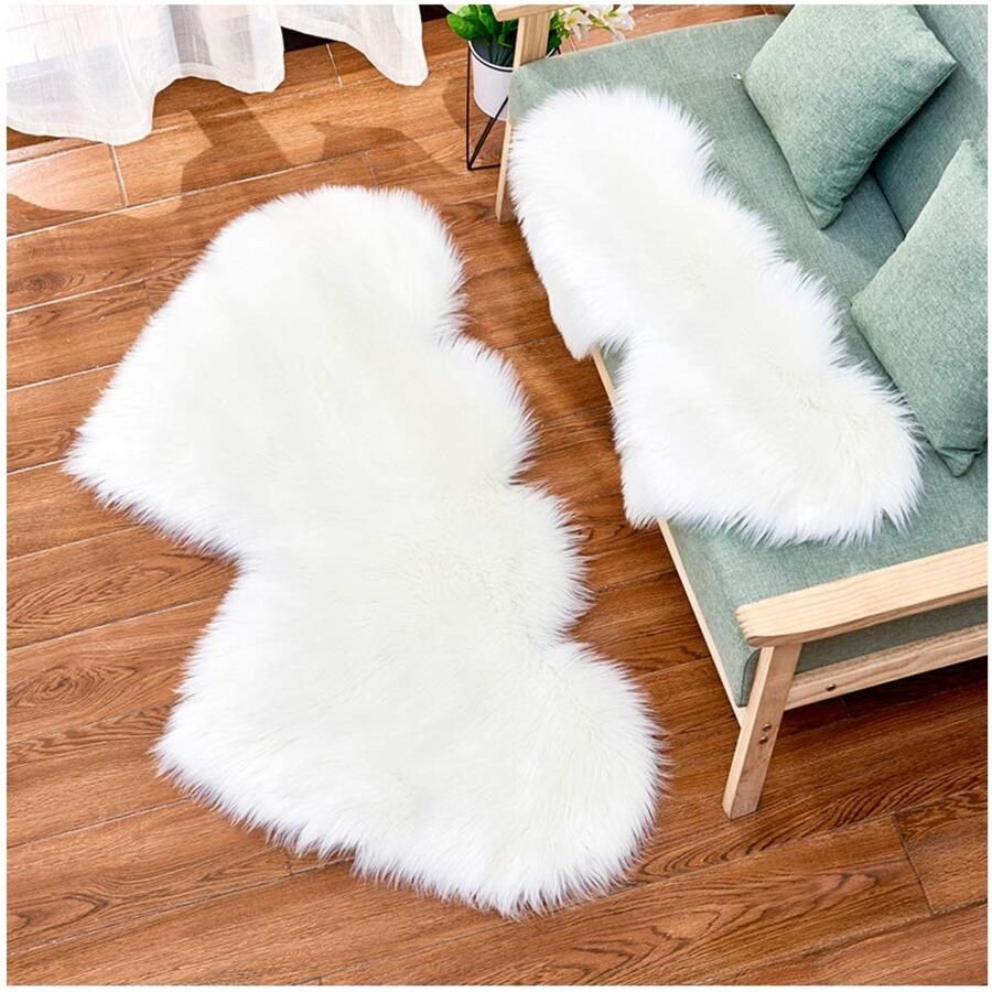 Senza Marchio GuoCu Hartvormige Pluizige Faux Bont Imitatie Schapenvacht Gebied Tapijt Dubbele Hartvormige Pluche Vloer Tapijt Antislip Shaggy Tapijt Matten voor Woonkamer Slaapkamer Kinderkamer Bank Wit-2 35x70CM