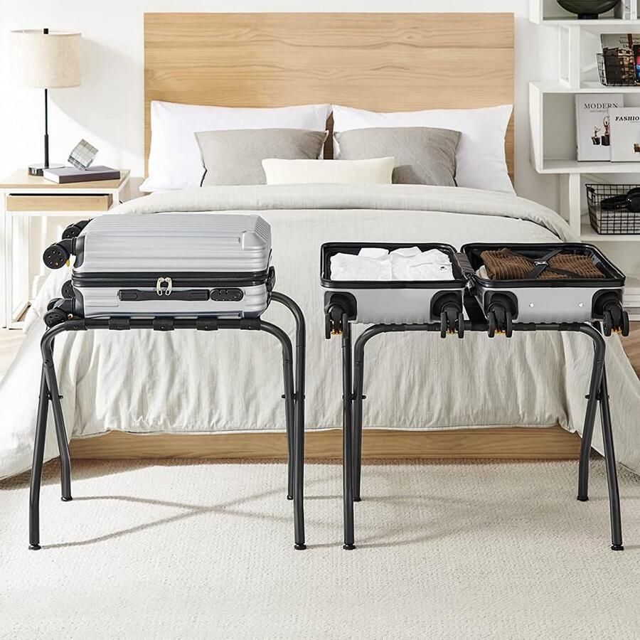 Senza Marchio GUODDM 2 stuks opvouwbare metalen bagagerek koffer standaard chroom roestvrij staal voor hotel slaapkamer logeerkamer zwarte riemen (Q2)