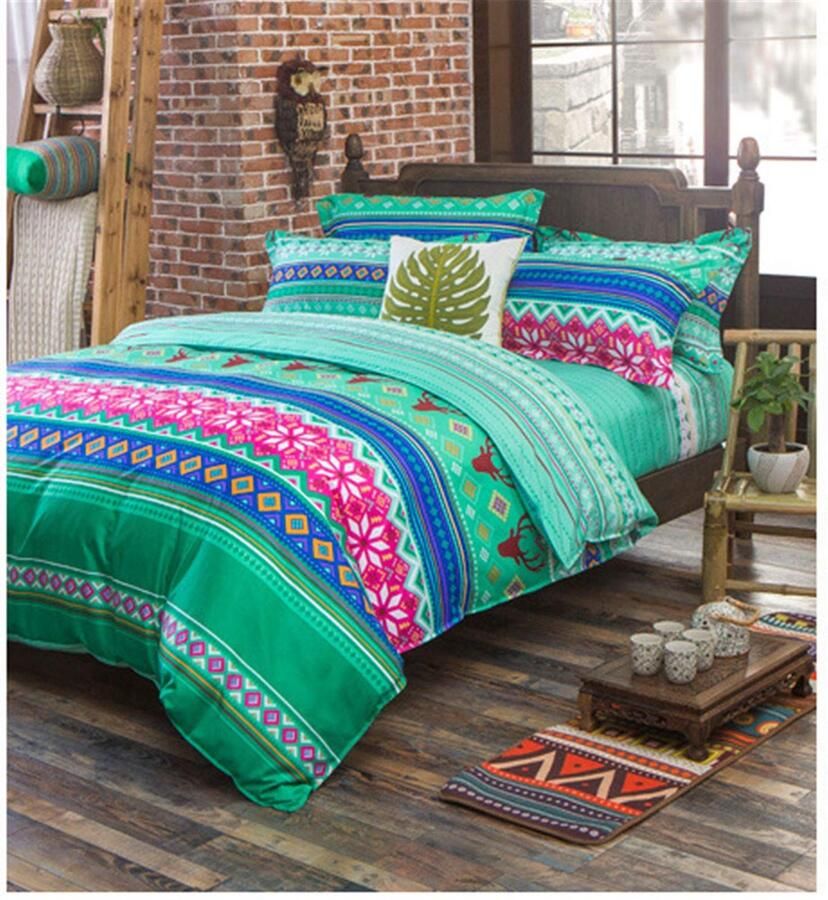 Senza Marchio GZZBMY Bohemian Bedsprei Dekbedovertrek Set Zachte Microfiber Bed Set met Dekbedovertrek en kussen Boho Bedrukt Gewatteerde Sprei Coverlet voor het hele seizoen Slaapkamer Hotel Beddengoed Set (Groen 200 * 230cm)