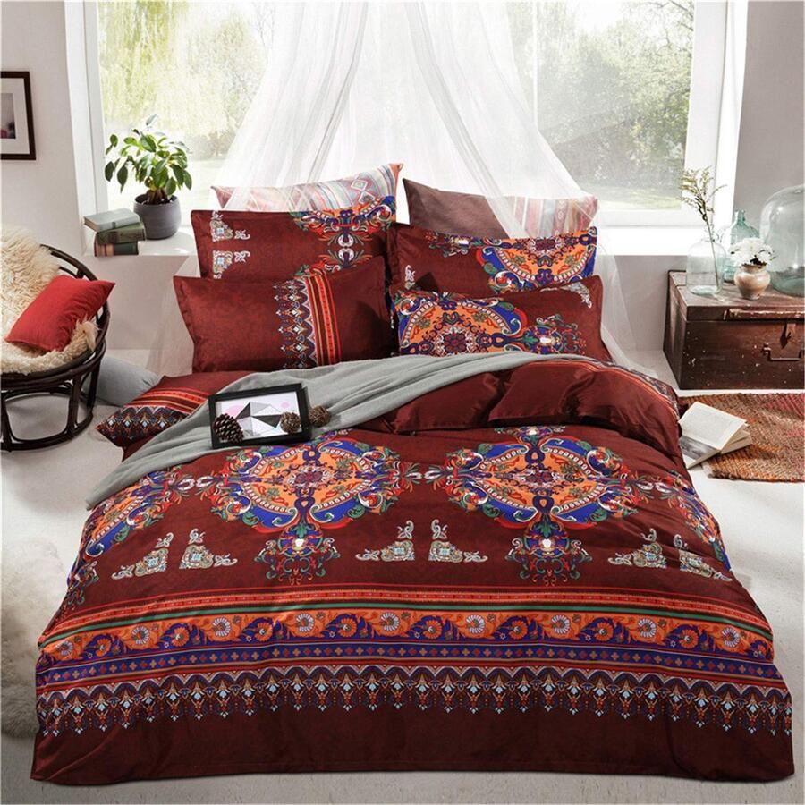 Senza Marchio GZZBMY Bohemian Bedsprei Dekbedovertrek Set Zachte Microfiber Bed Set met Dekbedovertrek en kussen Boho Bedrukt Gewatteerde Sprei Coverlet voor het hele seizoen Slaapkamer Hotel Beddengoed Set (Bruin 220 * 240cm)