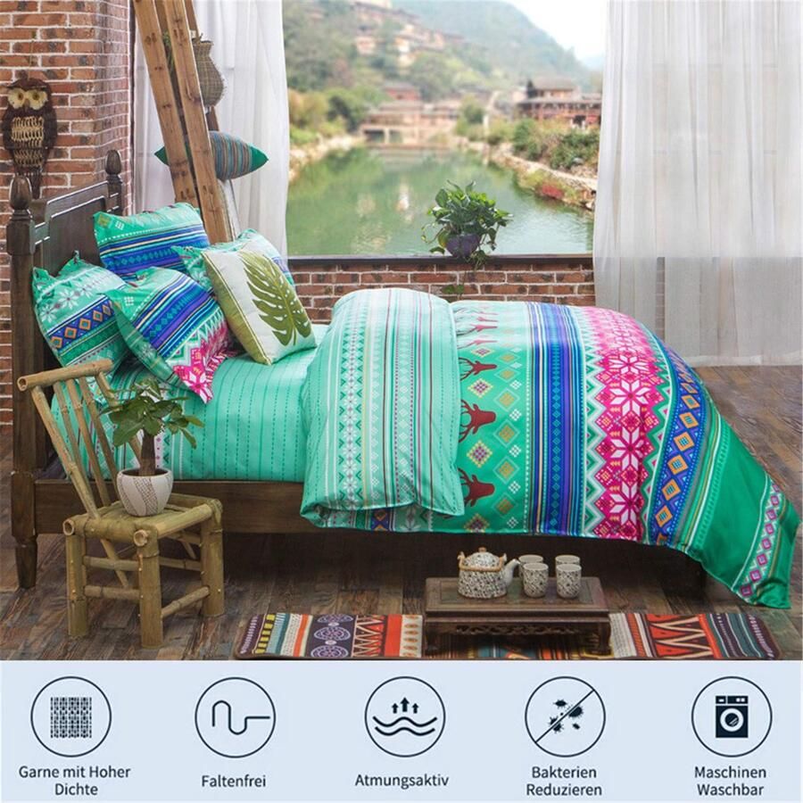 Senza Marchio GZZBMY Bohemian Bedsprei Dekbedovertrek Set Zachte Microfiber Bed Set met Dekbedovertrek en kussen Boho Bedrukt Gewatteerde Sprei Coverlet voor het hele seizoen Slaapkamer Hotel Beddengoed Set (Blauw 220 * 240cm)