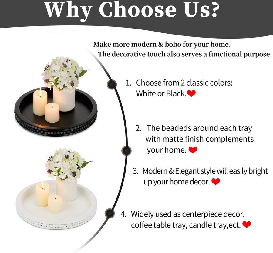 Senza Marchio Hanobe Houten decoratieve lade ronde: zwarte kralen salontafel lade cirkel moderne houten trays huisdecoratie keuken aanrecht middenstuk organisator