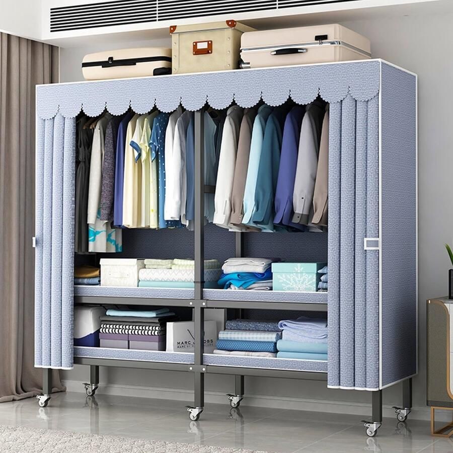 Senza Marchio Heavy Duty Metal Mobile Clothes Drying Rack Rolling Foldable Clothes Rack With Cover And Wheels 1500 Lbs Large Capacity Wardrobe Closet Independent Clothing Organization System F