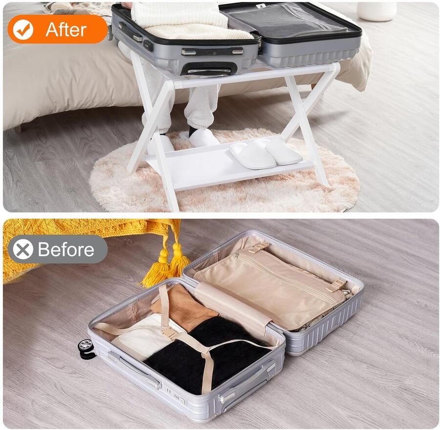 Senza Marchio Heybly Bagagerek opvouwbare kofferstandaard met opbergplank zware bagagehouder voor logeerkamer slaapkamer hotel geschikt voor maximaal 150 kg wit HLR010W1