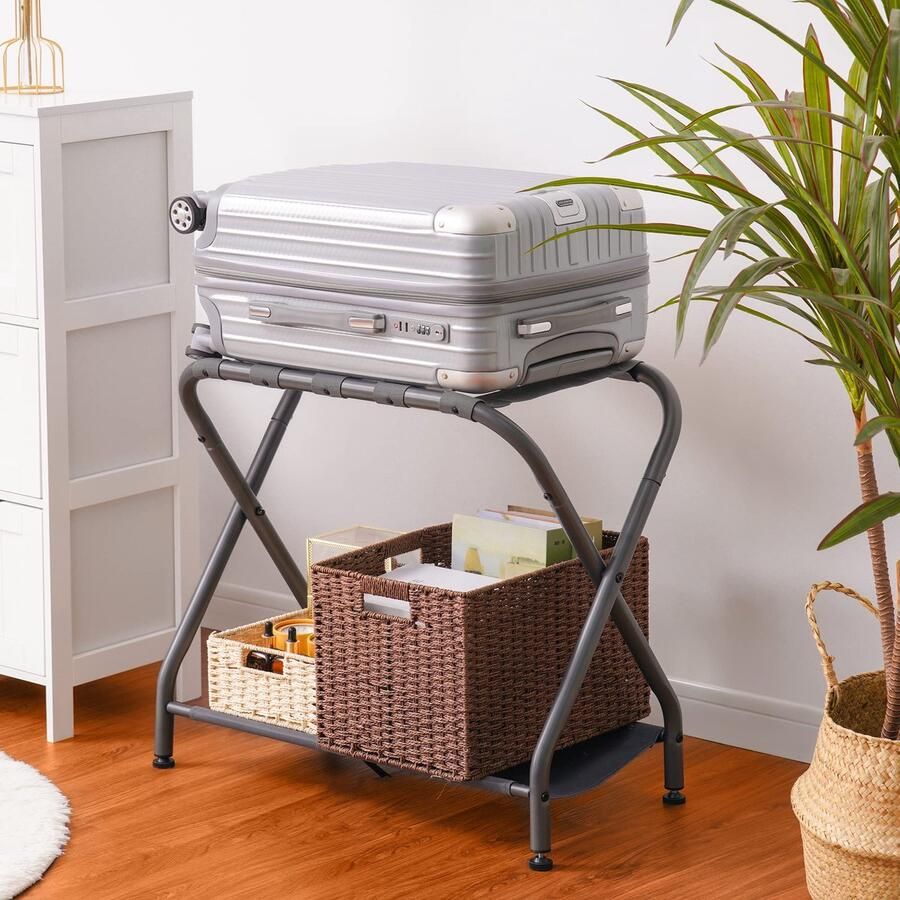 Senza Marchio Heybly Bagagerek Pack van 2 Stalen Opvouwbare Koffer Stand met Opbergplank voor Gastenkamer Slaapkamer Hotel Grijs HLR002G2
