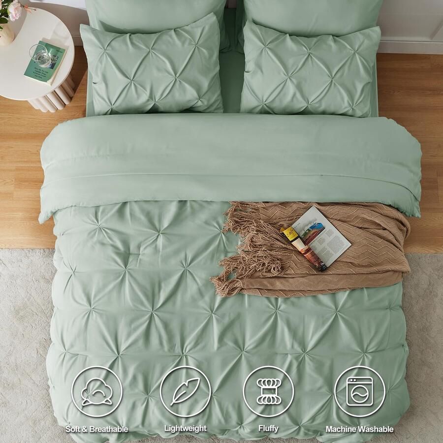Senza Marchio HIMEET Saliegroen beddengoedset (208 x 218 cm) 7-delig lichtgroen dekbed volledig pintuck design bed in een tas volledige grootte bedset knijpen geplooid saliegroen beddengoed complete set met