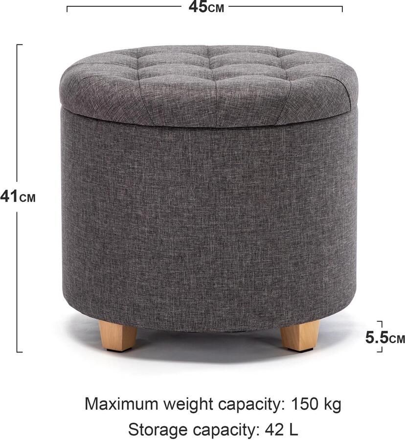Senza Marchio HNNHOME 45 cm ronde linnen Ottomaanse opbergkruk met gewatteerde zitting voetenbank poef stoel met deksel (Houtskool)