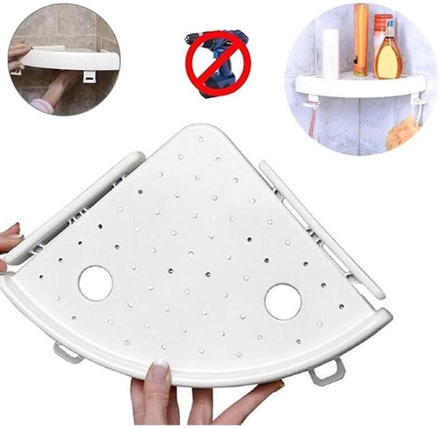 Senza Marchio Hoekhouder planken opklikbare hoekplank organizer zonder schroeven ventilatorvormige driehoek badkamer keuken wandhouder opbergrek plank met haken eenvoudig te installeren