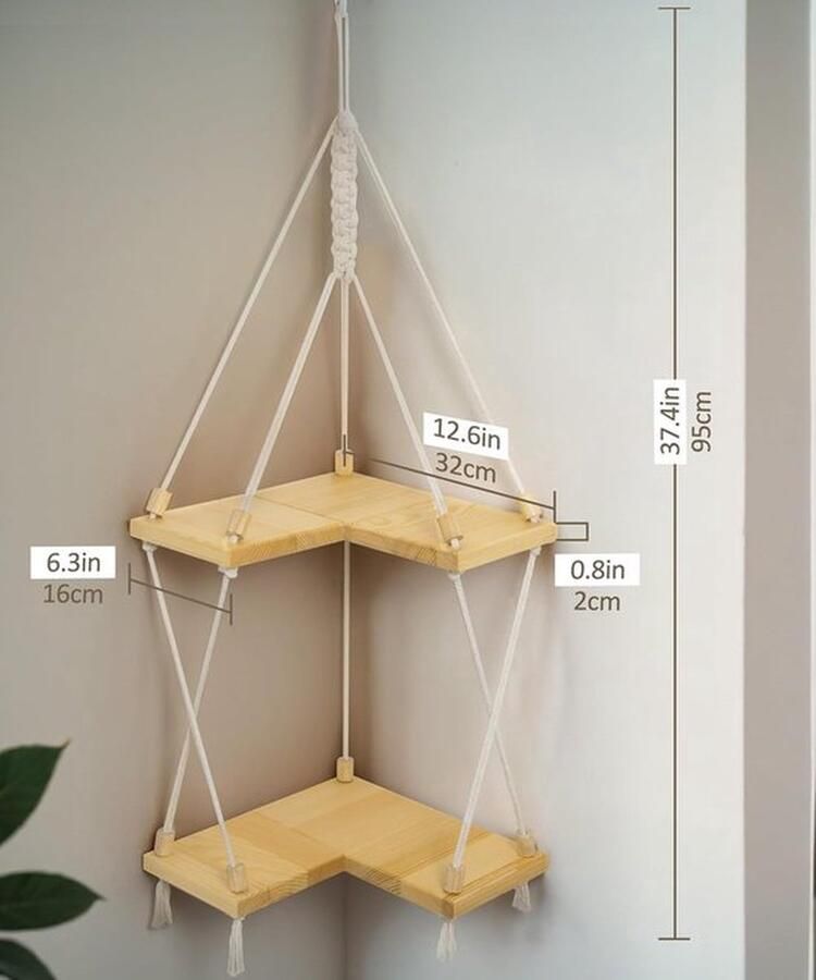 Senza Marchio Hoekplank Hangend Hout Set van 2 L-vormige Wandplanken Hoek Macrame Boho Massief Houten Wanddecoratie voor Slaapkamer Woonkamer Keuken Balkon