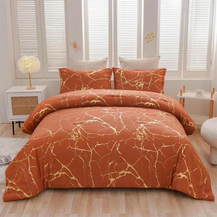 Senza Marchio Holawakaka Beddengoedset met glitter-marmerfolie-print voor klein tweepersoonsbed terracotta goud queensize