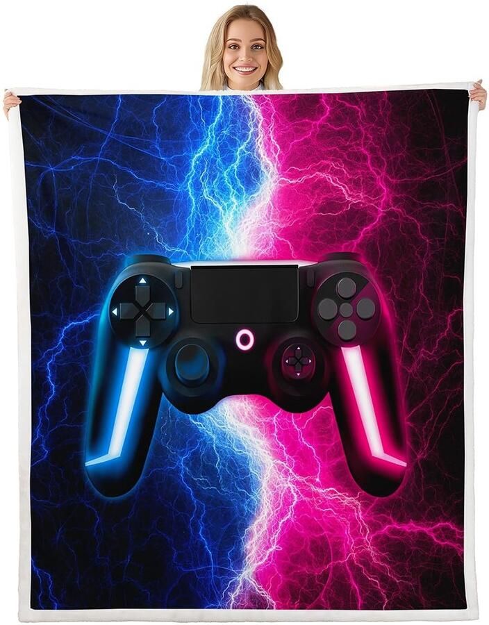 Senza Marchio Homewish Gaming deken gooien 40 x 50 inch gamer dekens en plaids voor jongens meisjes kinderen blauw en roze bliksem fleece deken video game pad deken gaming kamer decor voor bed bank