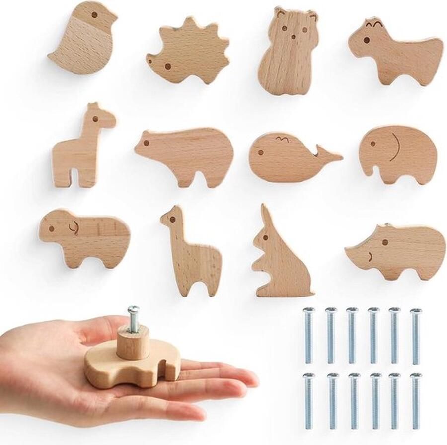 Senza Marchio Houten kastknoppen 12 stuks voor kinderkamer meubelknoppen dierenvormen inclusief schroeven houten handgrepen kasten deurknoppen kinderen. kastknoppen kinderkamer