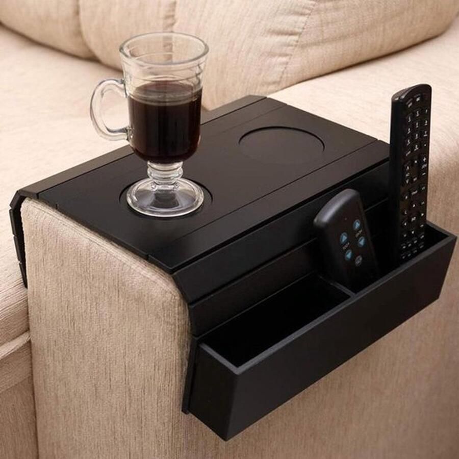 Senza Marchio Houten Vouwbaar Sofa Arm Tray Table Organizer met Zakken en Kophouder voor Drankjes en Snacks