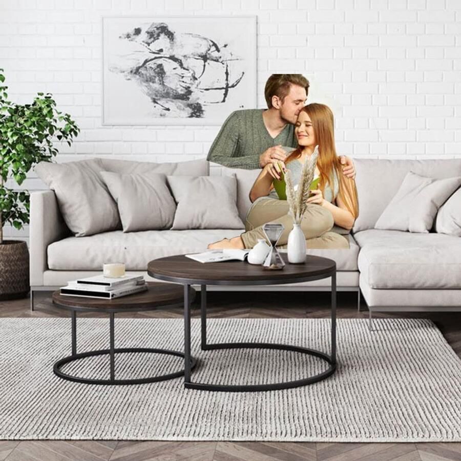 Senza Marchio HXFRTHNM Moderne woonkamer koffietafel Nesting Salontafel Set van 2 Stapelbare Side End Tafels Industriële Stijl Dikke Walnoot Board Nachtkastjes met Metalen Benen End Tables Nesting Tables voor