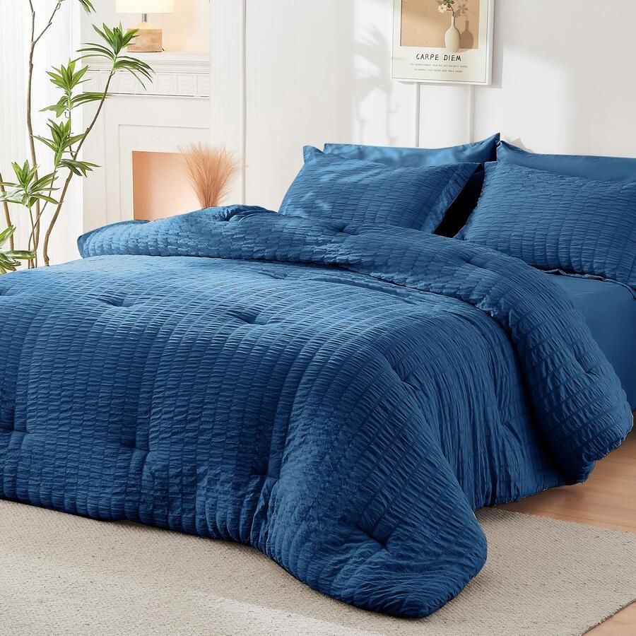 Senza Marchio HYMOKEGE Teal Queen Dekbedset Seersucker 7-delig All Season Luxe Bed in een Tas voor Slaapkamer Beddengoed Set met Dekbedden Lakens Kussenslopen & Shams